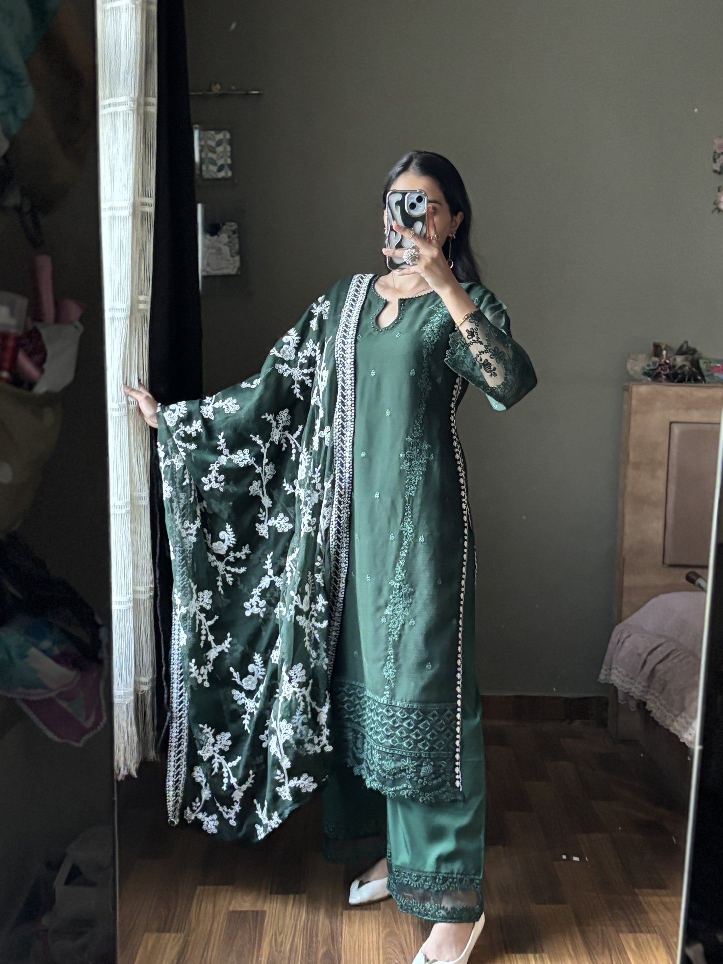 Noor Jaan – Embroidered Bottle Green Chiffon Set