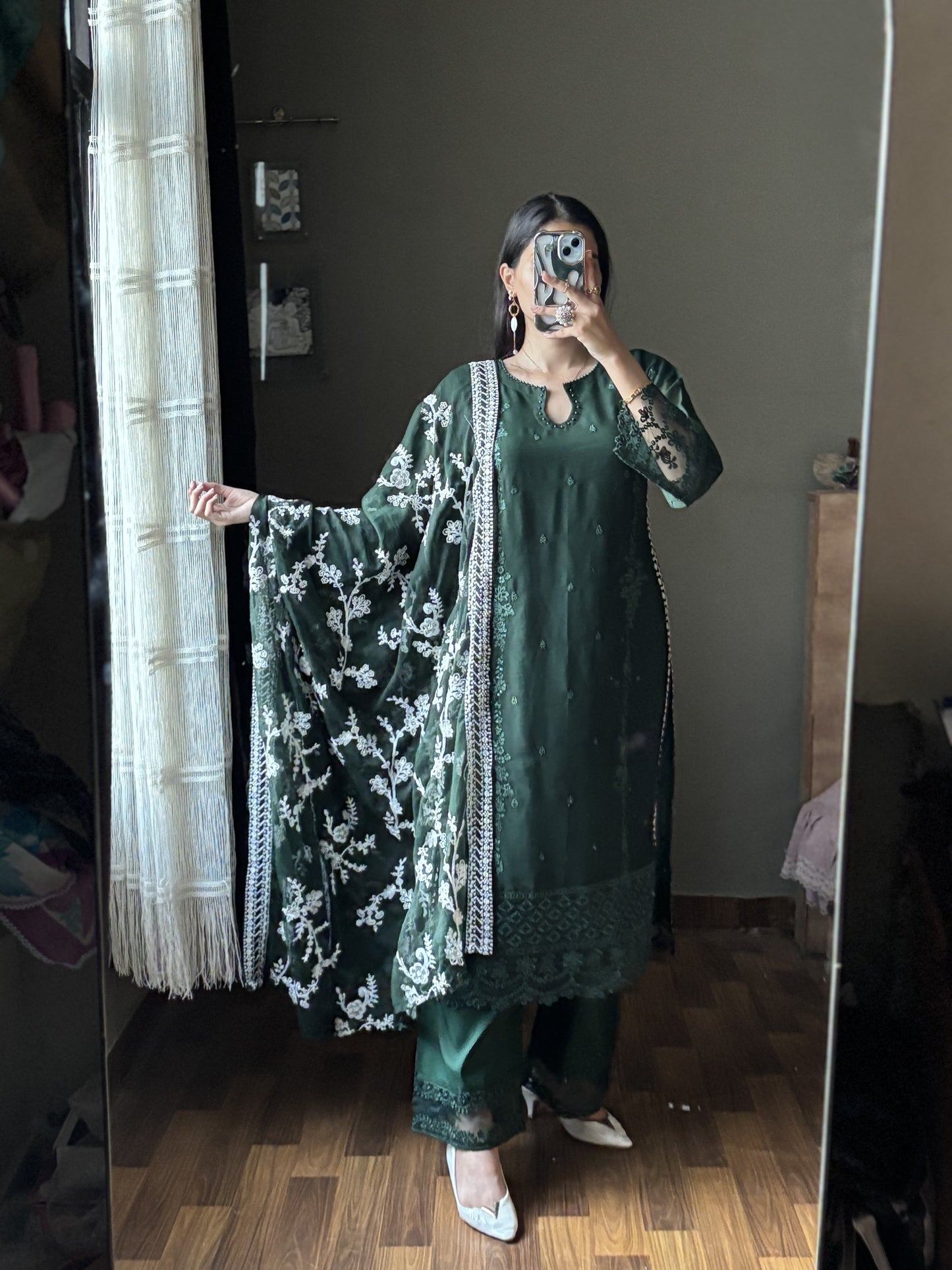 Noor Jaan – Embroidered Bottle Green Chiffon Set