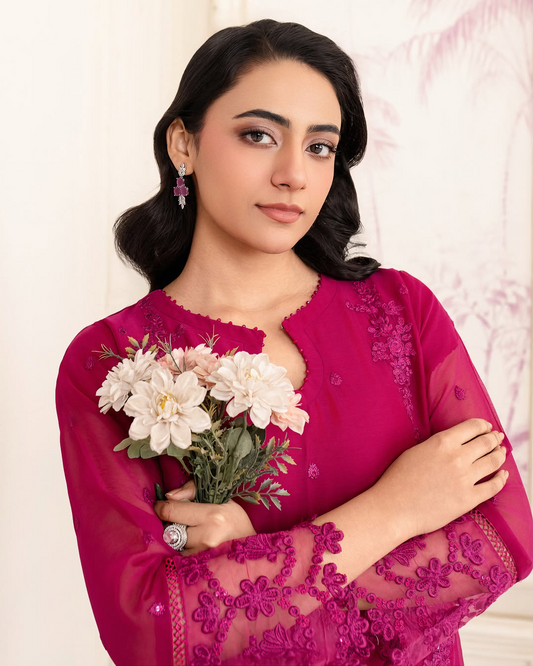 Noor Jahan - Conjunto Kurta de Chiffon Bordado Rosa Choque