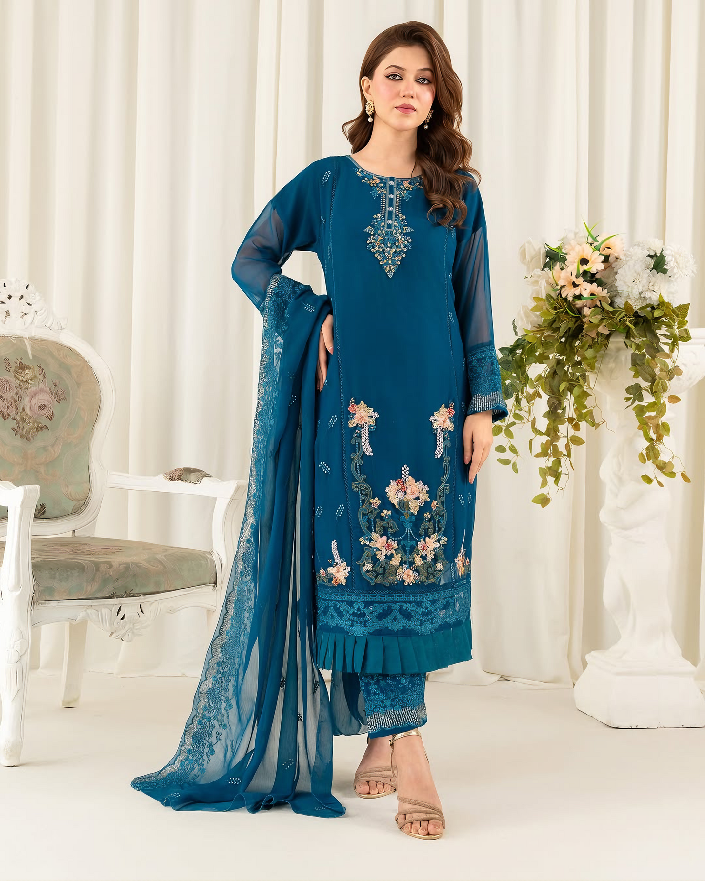 Sapphire Bloom – Deep Teal Embroidered Chiffon Kurta Set