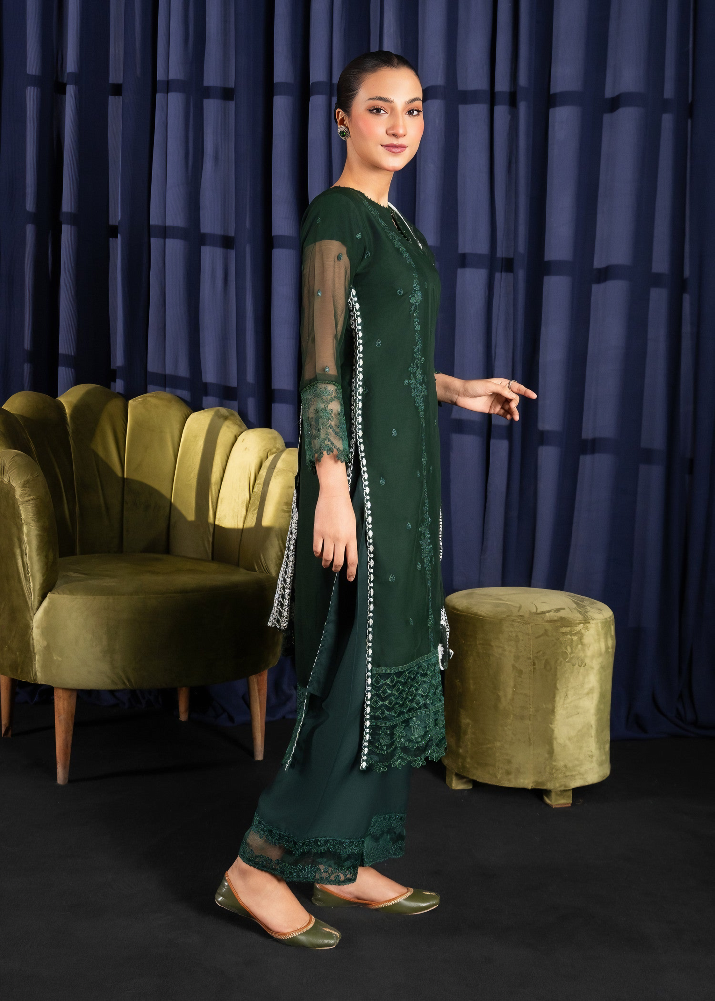 Noor Jaan – Embroidered Bottle Green Chiffon Set