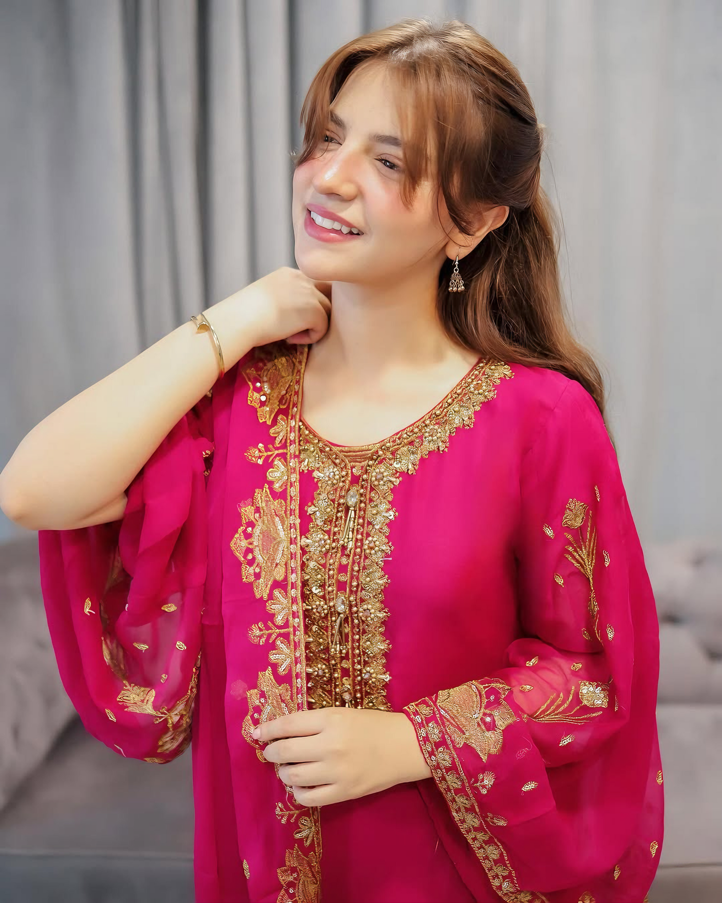 Zarish Royale - Hot Pink Embroidered Chiffon Kurta Set