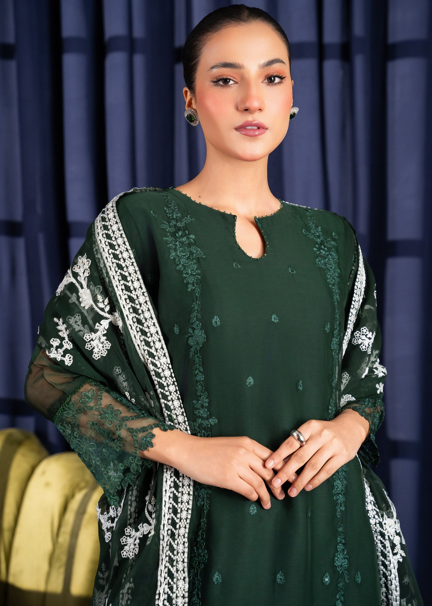 Noor Jaan – Embroidered Bottle Green Chiffon Set