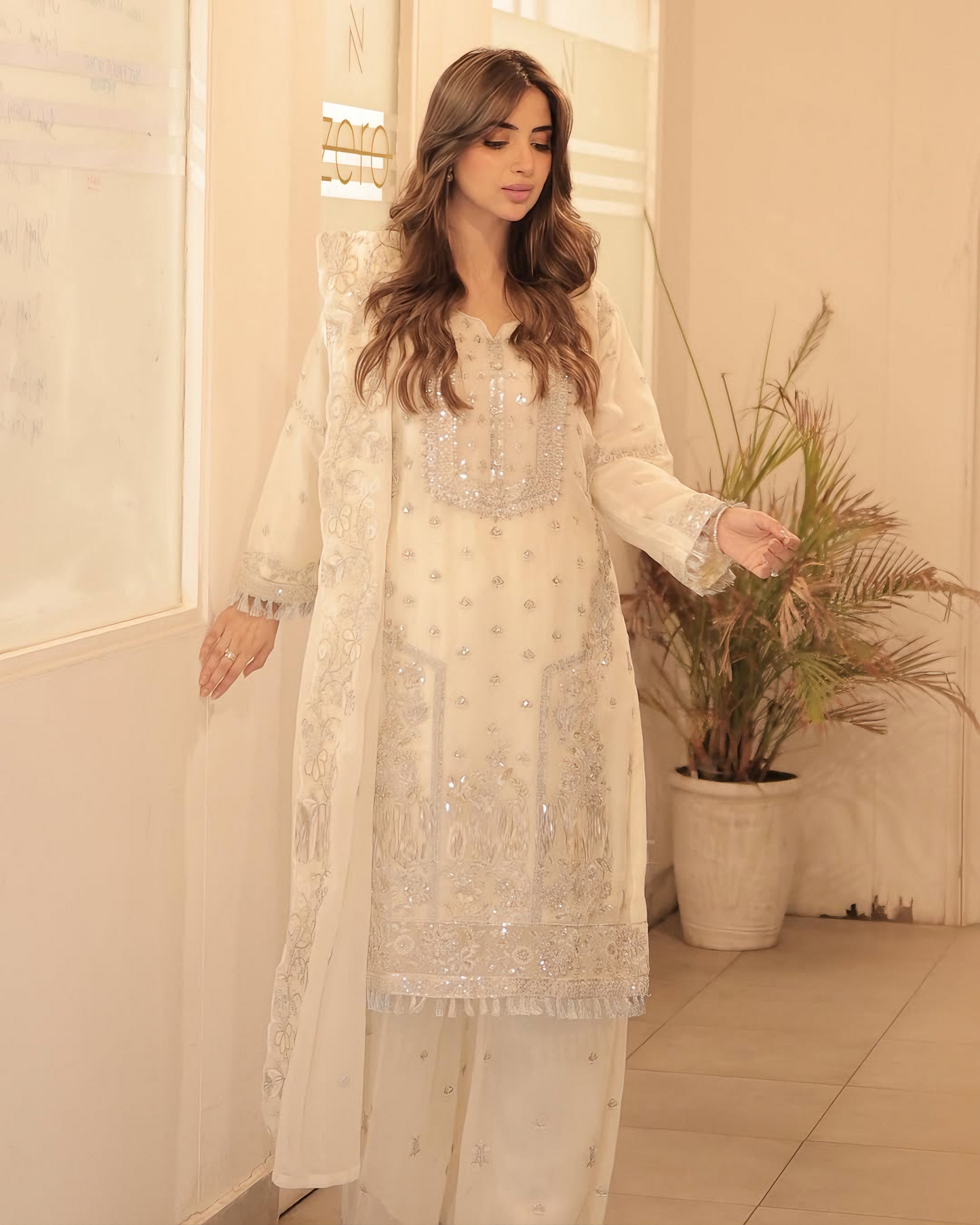 Elegant Noor – Embroidered Cream Chiffon Set