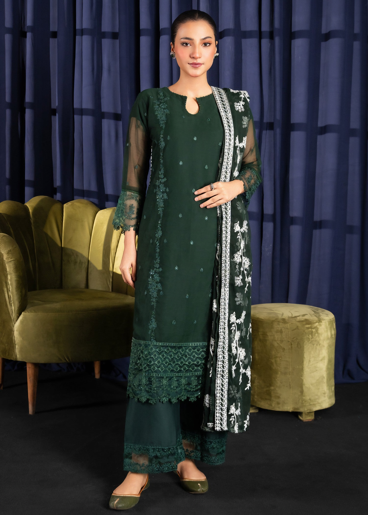 Noor Jaan – Embroidered Bottle Green Chiffon Set