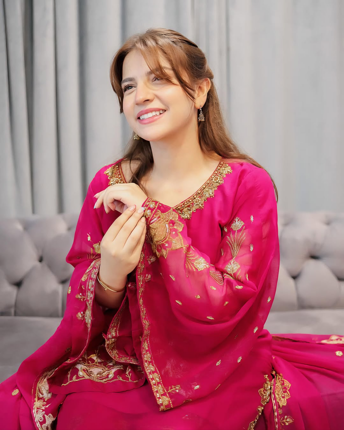 Zarish Royale - Hot Pink Embroidered Chiffon Kurta Set