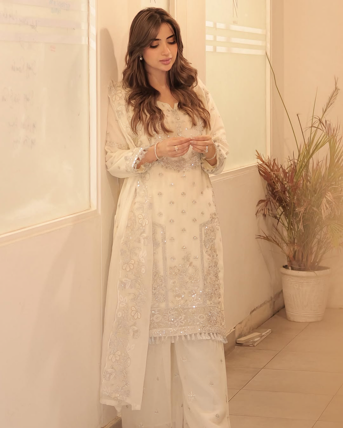 Elegant Noor – Embroidered Cream Chiffon Set