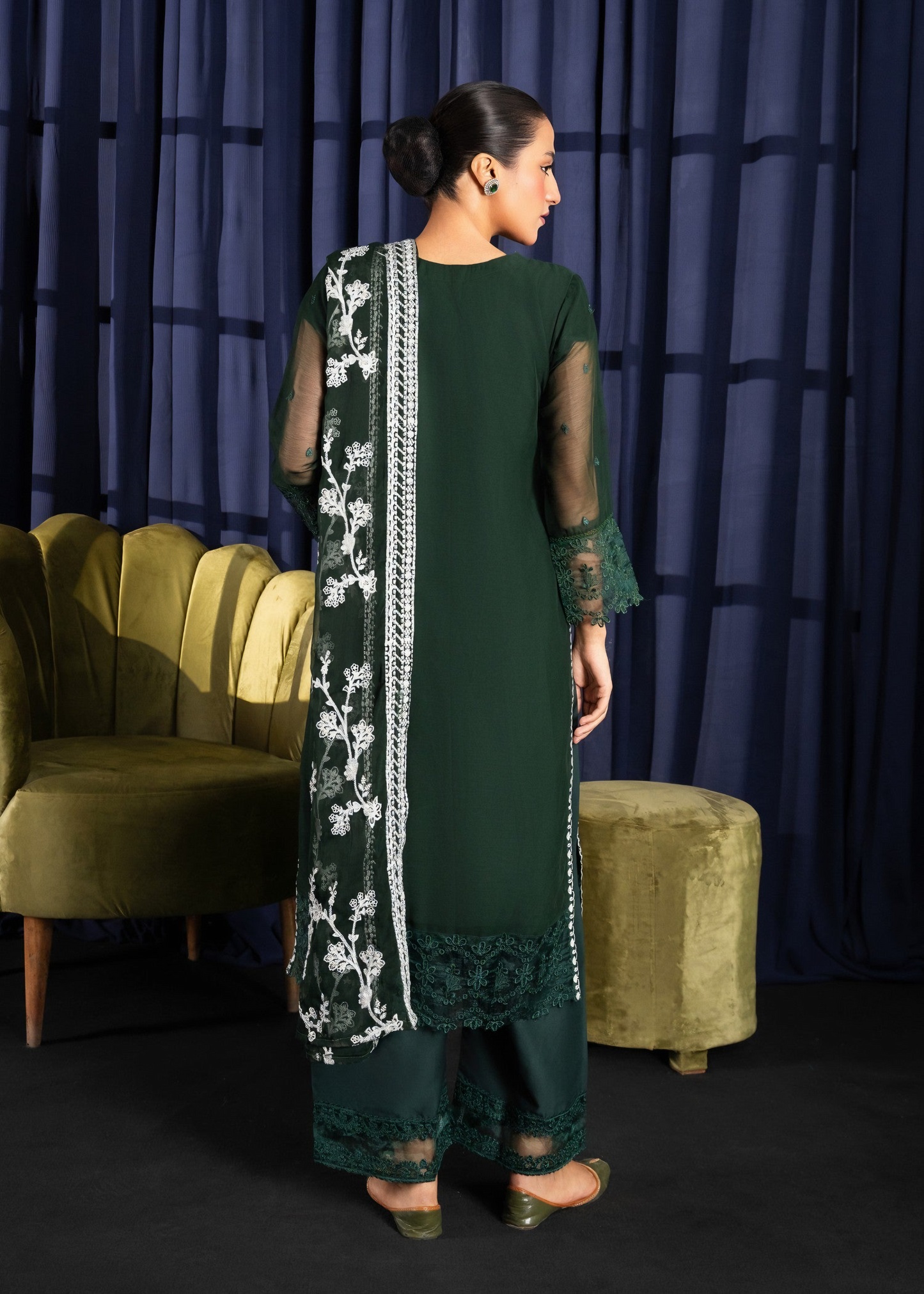 Noor Jaan – Embroidered Bottle Green Chiffon Set