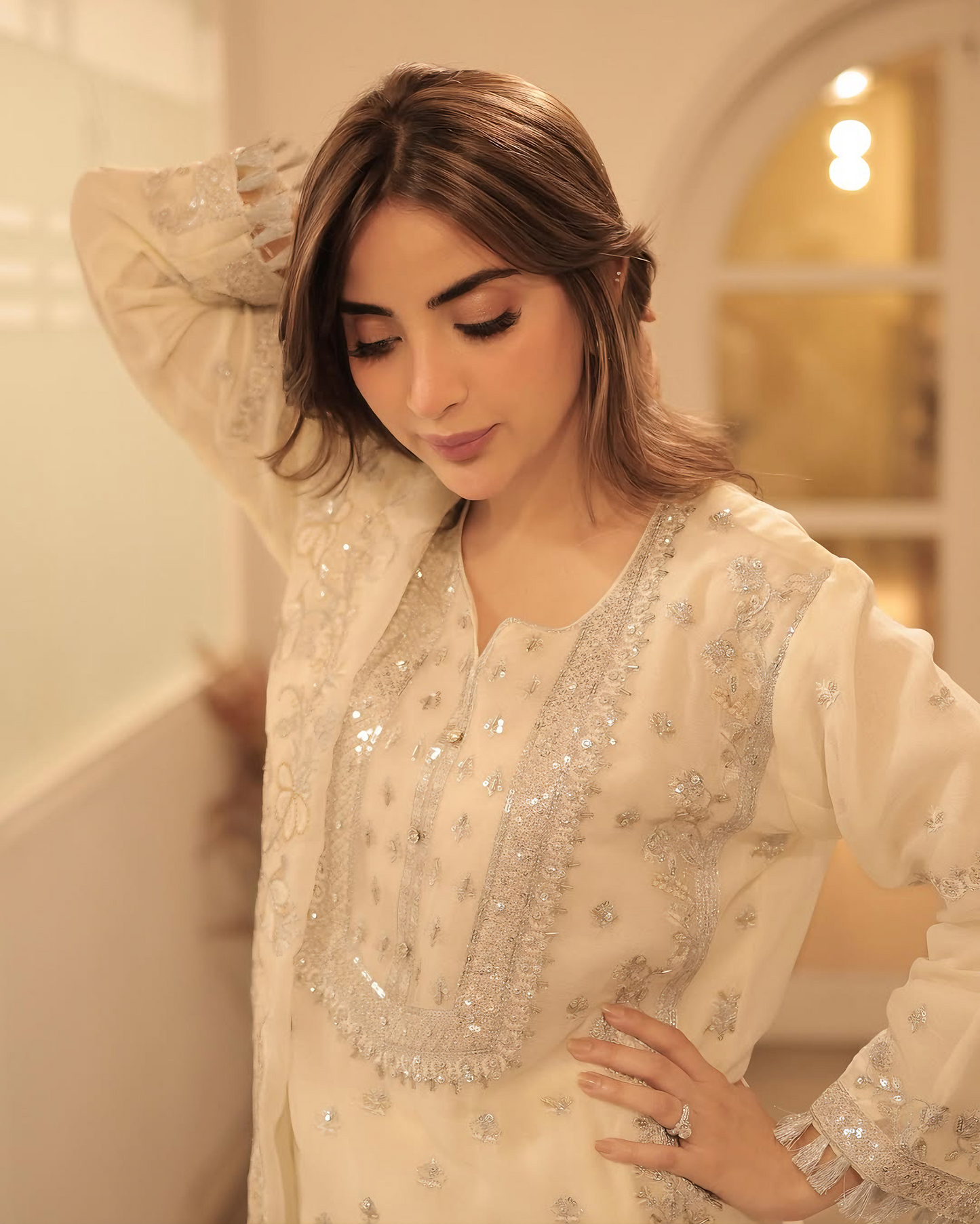 Elegant Noor – Embroidered Cream Chiffon Set