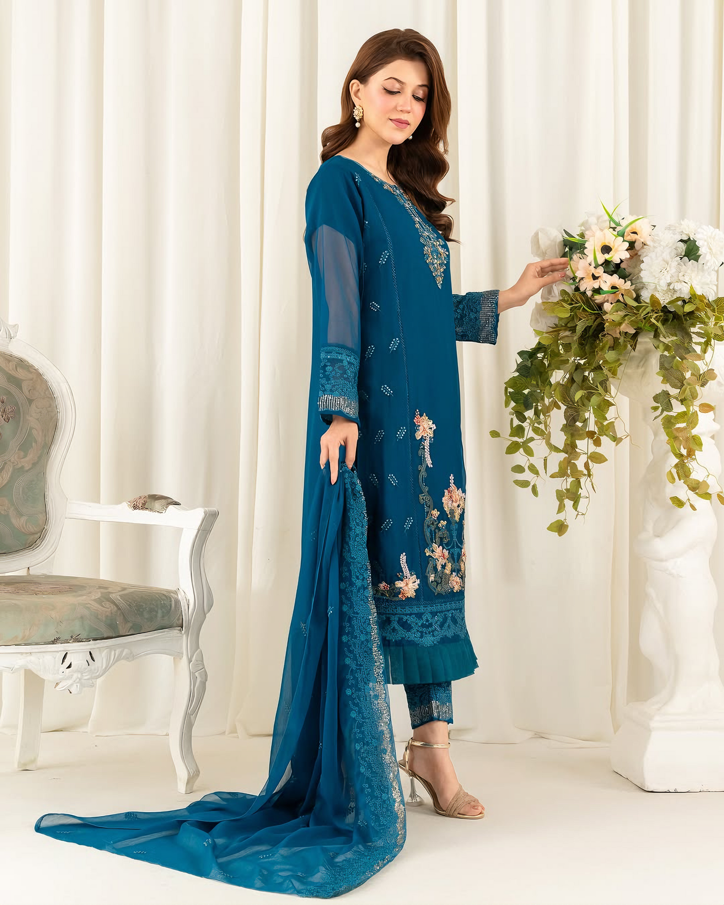 Sapphire Bloom – Deep Teal Embroidered Chiffon Kurta Set