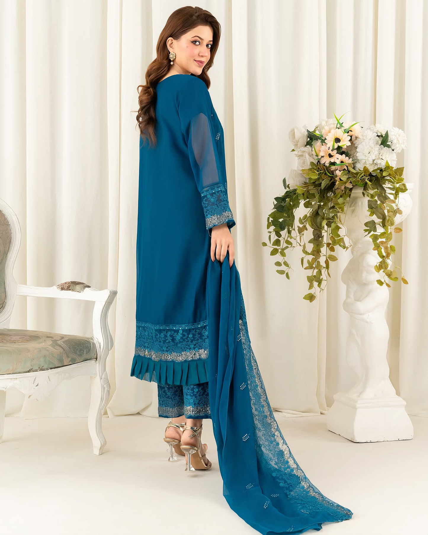 Sapphire Bloom – Deep Teal Embroidered Chiffon Kurta Set